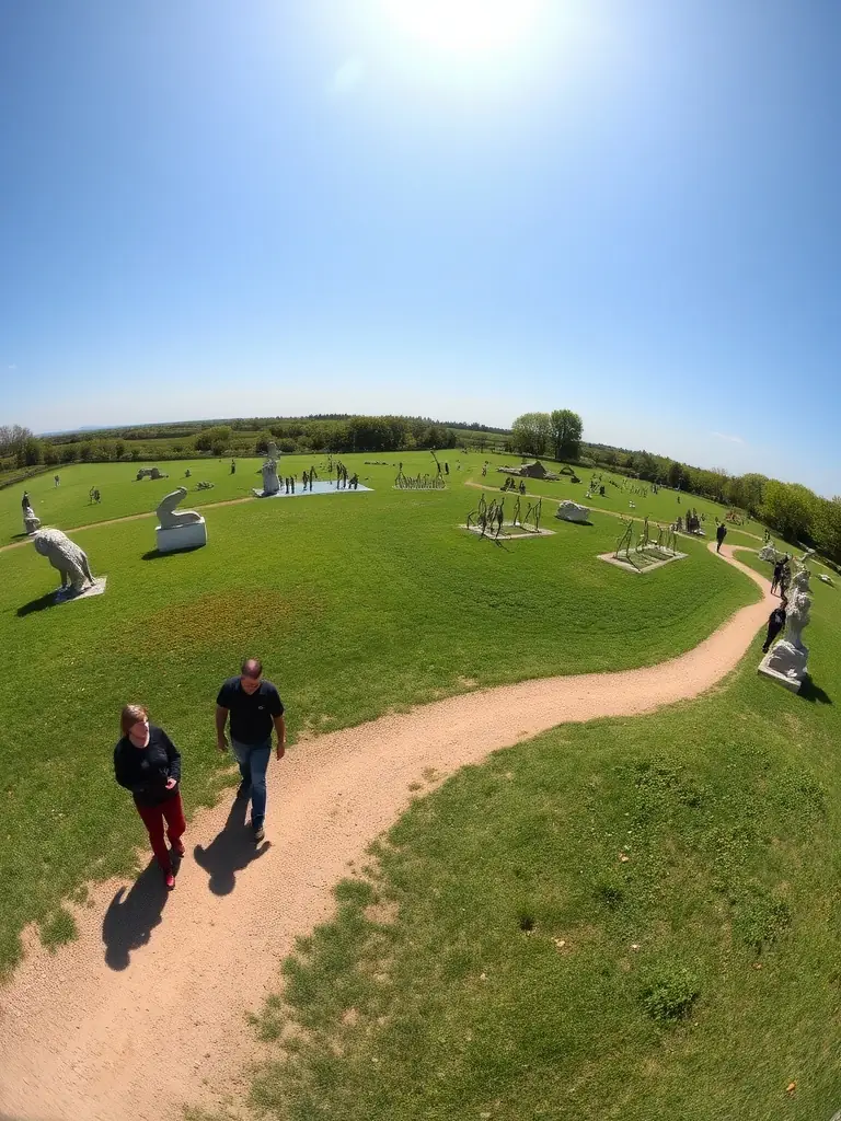 A panoramic view of DOMAINE DE BEAULIEU RIP, showcasing various sculptures and installations scattered across the landscape. Visitors are seen exploring the grounds.