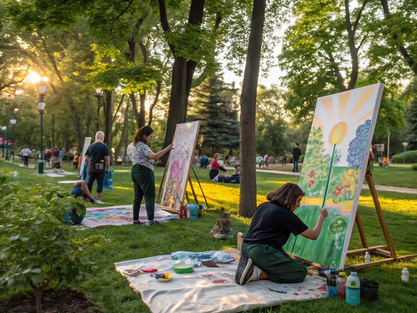 A group of people participating in an outdoor art workshop, surrounded by sculptures and greenery.