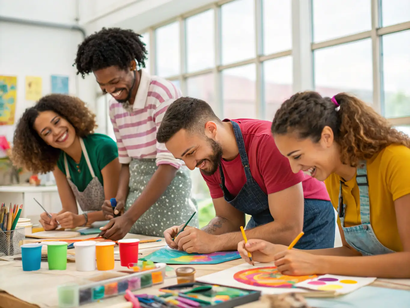 A vibrant photograph capturing a group of participants actively engaged in a sculpture workshop at DOMAINE DE BEAULIEU RIP, showcasing the hands-on learning experience and creative atmosphere.