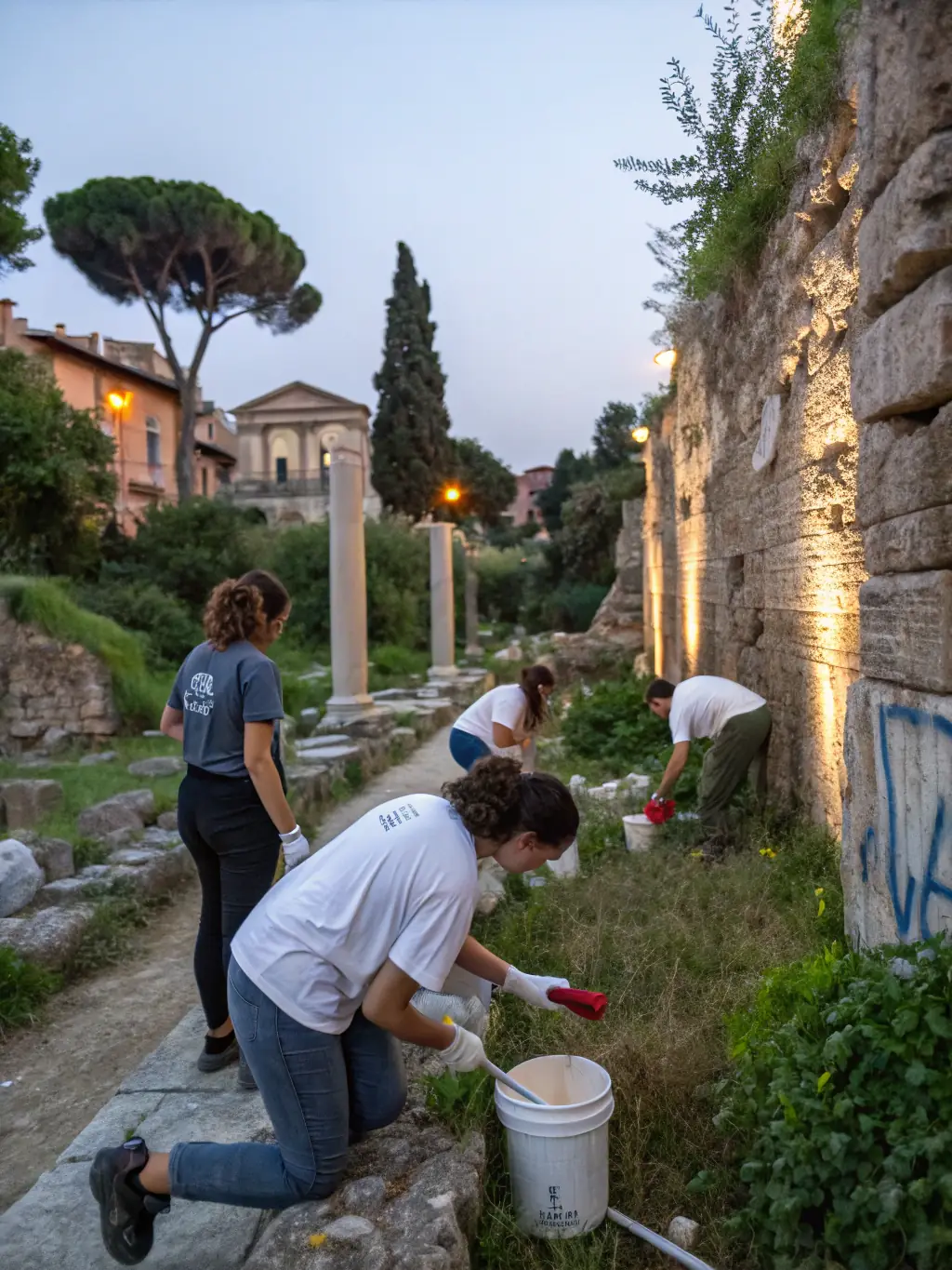 A photograph of volunteers working on the preservation of an outdoor sculpture at Domaine de Beaulieu, highlighting the community involvement in maintaining the art.