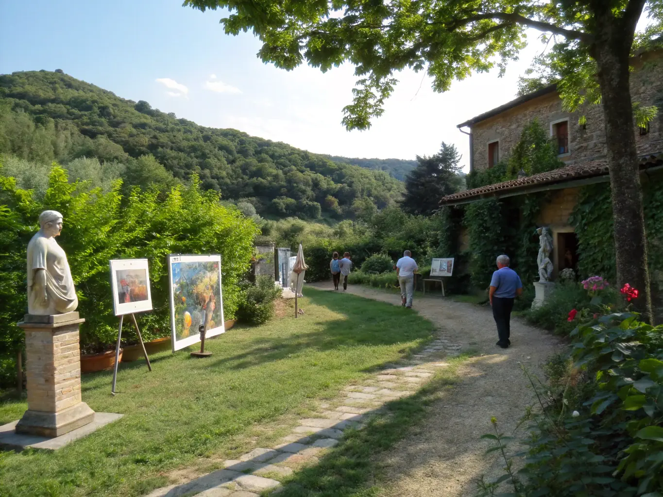 A serene image of an open-air exhibition at DOMAINE DE BEAULIEU RIP, featuring contemporary sculptures harmoniously integrated into the natural landscape, inviting viewers to explore art in a unique setting.