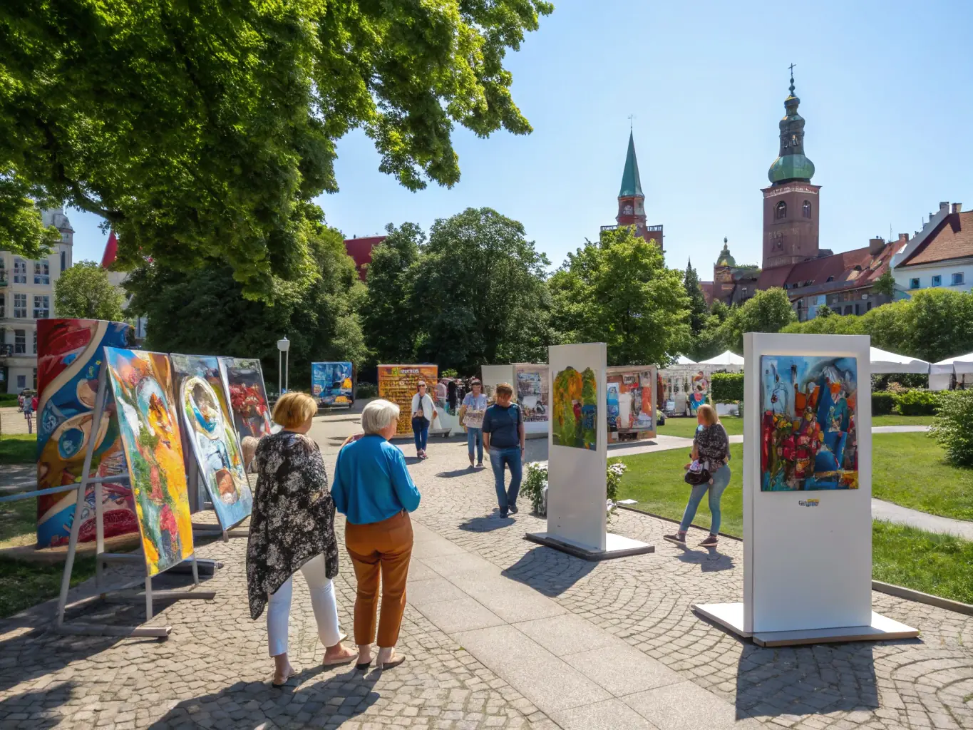 A scenic view of an open-air art exhibition with sculptures placed throughout the landscape.