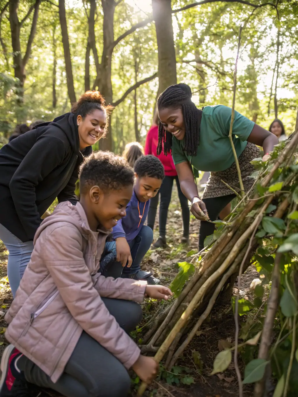A group of people participating in an outdoor art workshop at DOMAINE DE BEAULIEU RIP, led by an artist. They are creating their own sculptures using natural materials.